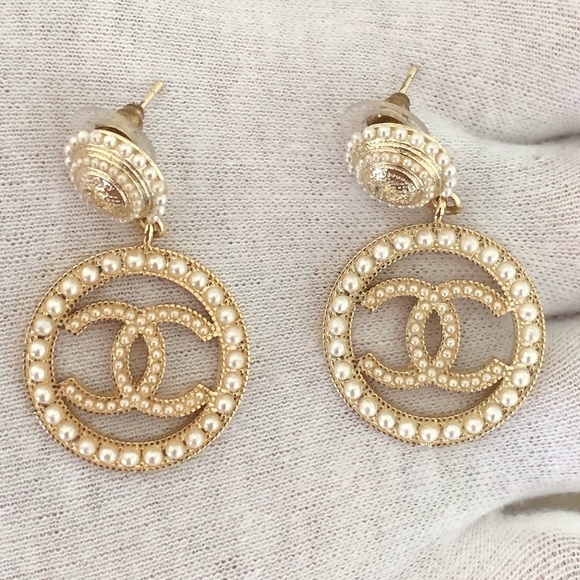 CHANEL Jewelry - CHANEL GOLD & PEARL CC HOOPS DANGLE DROP EARRINGS